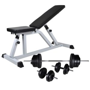 Banco de musculación con juego de barras y mancuernas 60,5 kg.