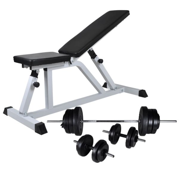 Banco de musculación con juego de barras y mancuernas 60,5 kg.
