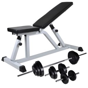 Banco de musculación con juego de barras y mancuernas 30,5 kg.