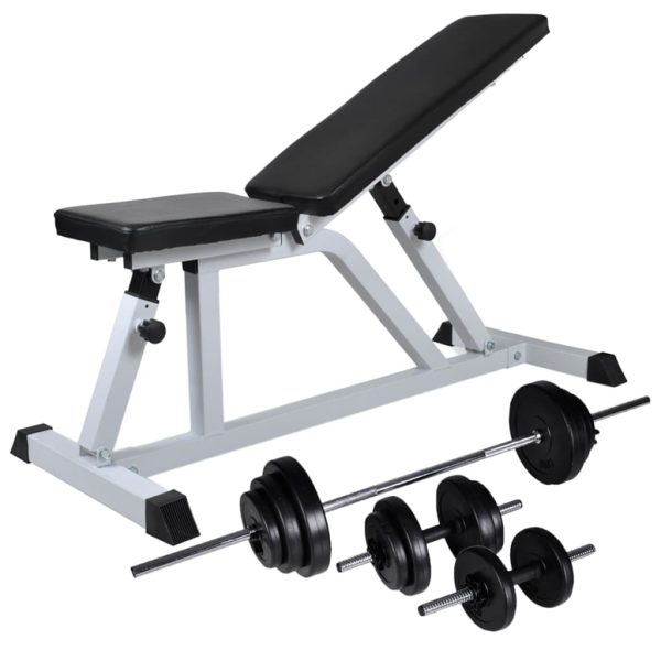 Banco de musculación con juego de barras y mancuernas 30,5 kg.