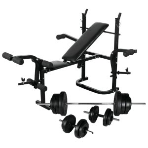 Banco de musculación con soporte de pesas + barras y mancuernas 60,5kg