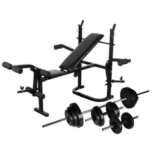Banco de musculación con soporte de pesas + barras y mancuernas 30,5kg