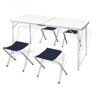 Conjunto de camping plegable, mesa y 4 bancos, regulables en altura.