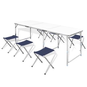 Conj. Mesa de camping plegable con 6 asientos regulables en altura. 180x60cm