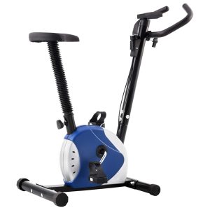 Bicicleta estática con resistencia de cinturón azul.