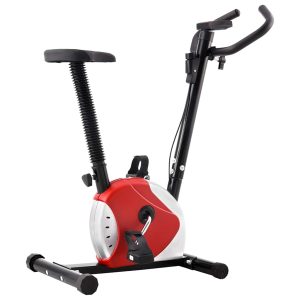 Bicicleta estática con correa de resistencia roja.