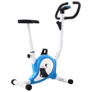 Bicicleta estática con resistencia de cinturón azul.
