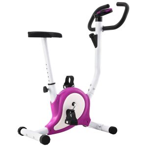 Bicicleta estática con resistencia de correa morada.