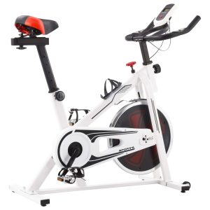 Bicicleta de entrenamiento con sensores de pulso blancos y rojos.