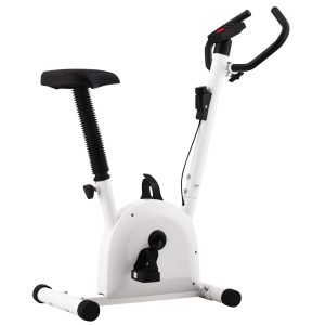 Bicicleta estática con resistencia de cinturón blanco.